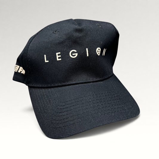 Raree Finds black Legion Marvel FX strapback hat with white logo embroidery on the front and side panel.