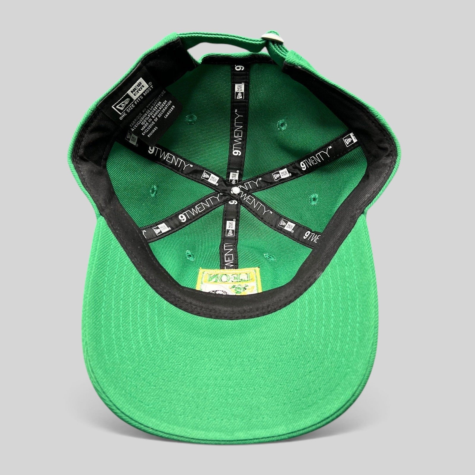 Raree Finds green New Era 9TWENTY LEON FC soccer hat interior showing branded taping and adjustable strap closure