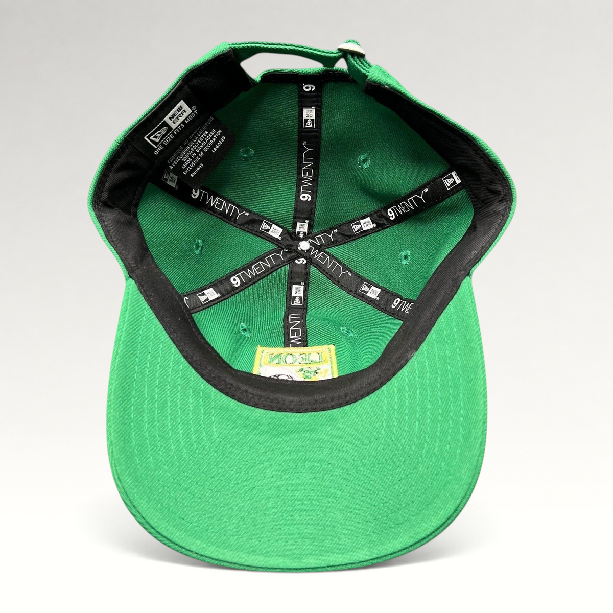 Raree Finds green New Era 9TWENTY LEON FC soccer hat interior showing branded taping and adjustable strap closure