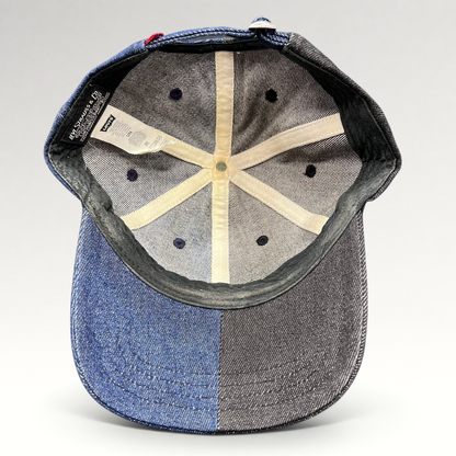 Raree Finds Levi’s two-tone black and indigo denim strapback cap interior showing branded labels and six-panel lining