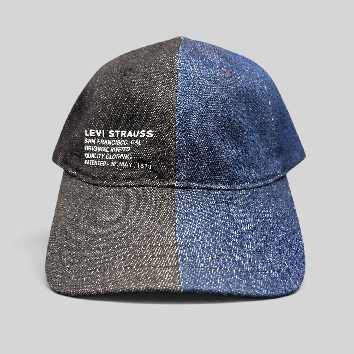 Raree Finds Levi’s Strauss two-tone black and indigo denim strapback hat with vintage San Francisco branding.