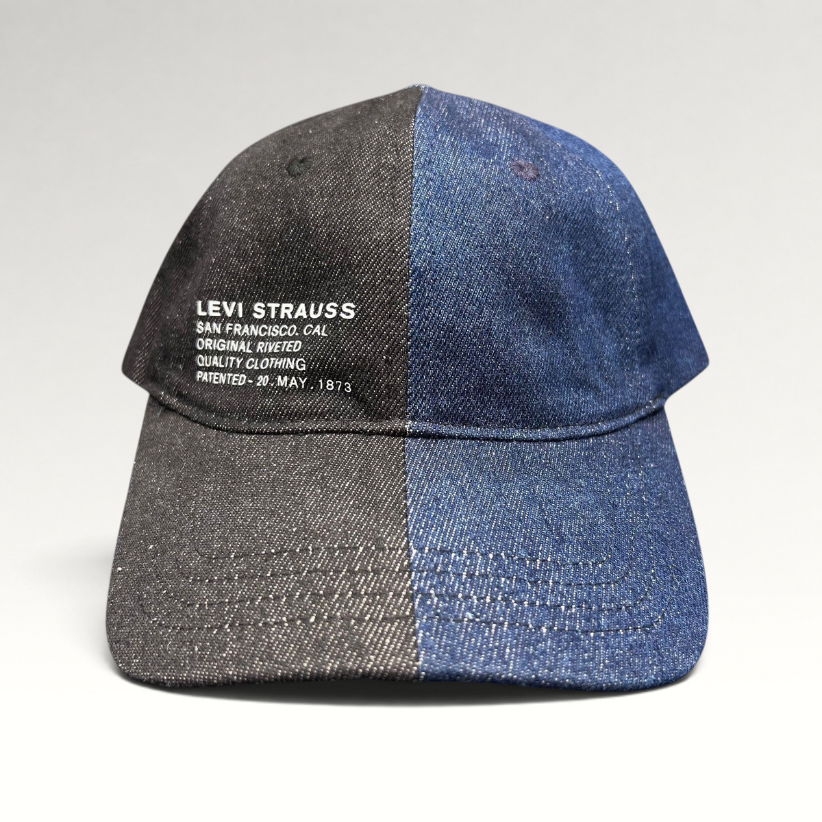 Raree Finds Levi’s Strauss two-tone black and indigo denim strapback hat with vintage San Francisco branding.
