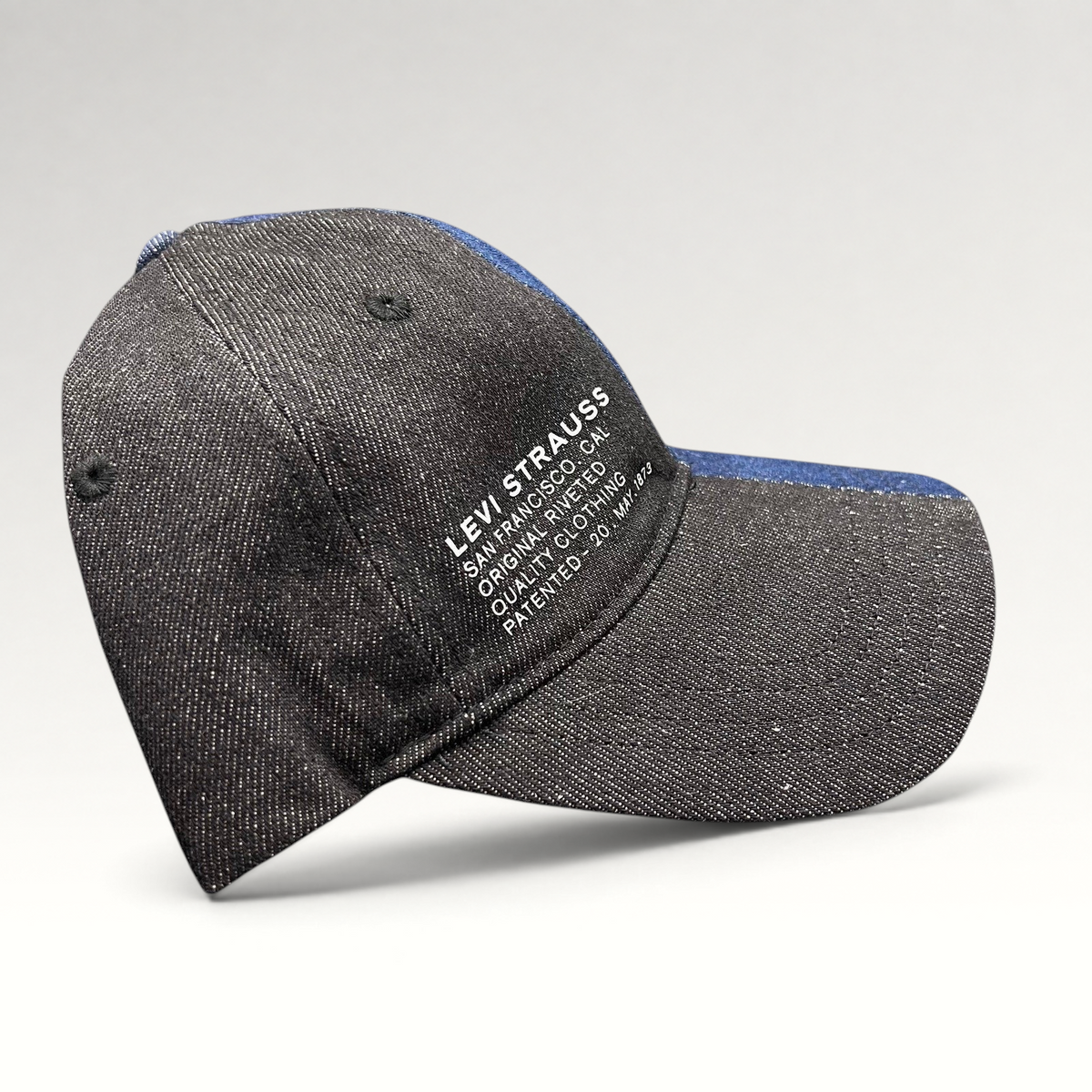 Raree Finds Levi's two-tone black and indigo denim strapback hat with white heritage San Francisco branding