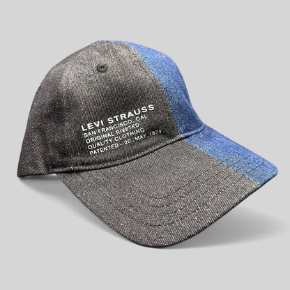 Raree Finds Levi’s Strauss two-tone black and indigo denim strapback hat with heritage logo print and curved brim.
