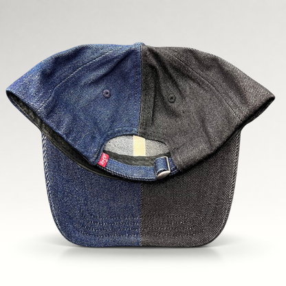 Raree Finds Levi’s two-tone split denim strapback hat in black and indigo cotton with a metal slider closure