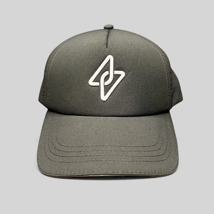 Raree Finds LGCY black performance strapback hat with a tonal raised embroidered logo and curved brim