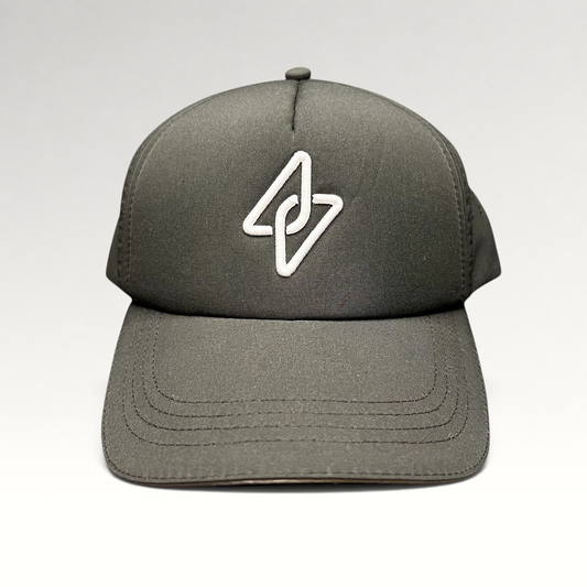 Raree Finds LGCY black performance strapback hat with a tonal raised embroidered logo and curved brim