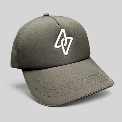 Raree Finds LGCY black performance strapback hat with a raised white embroidered logo and laser-perforated side panels.