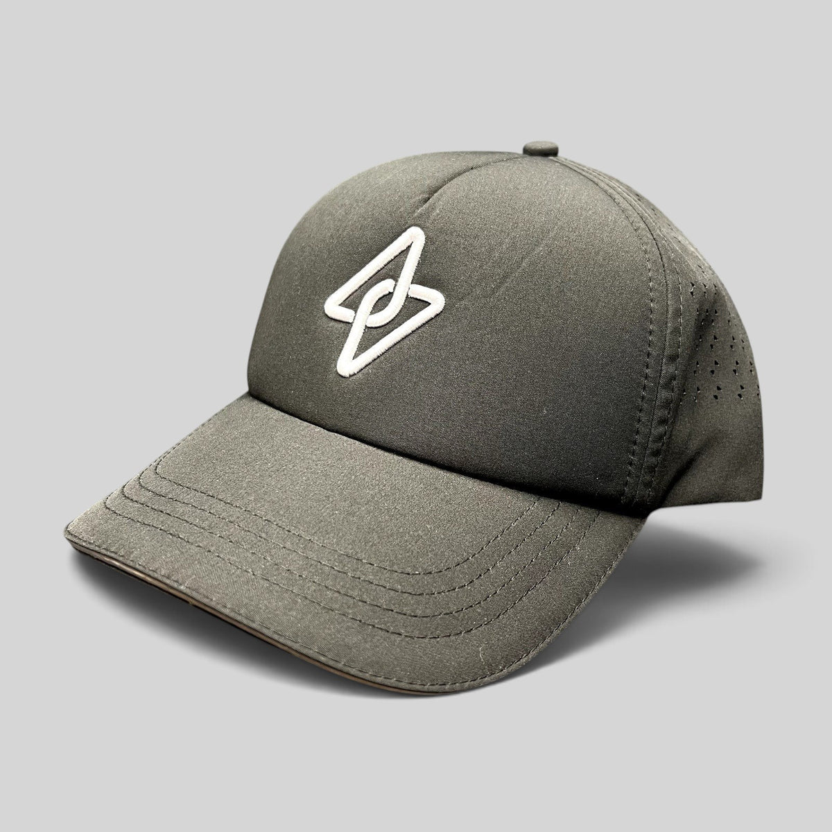 Raree Finds LGCY black performance strapback hat with a raised white embroidered logo and laser-perforated side panels.