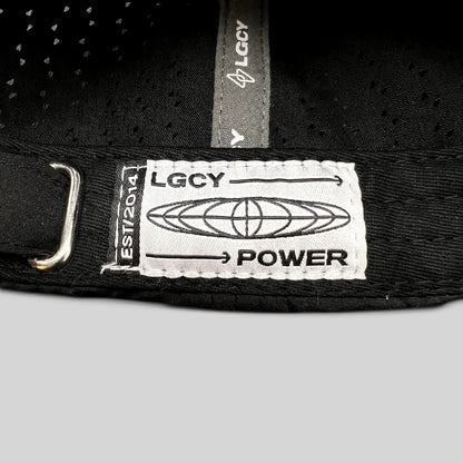 Raree Finds LGCY black performance hat featuring a white woven brand label on the adjustable strapback closure.