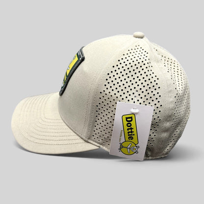 Raree Finds LH Dottie Company tan snapback hat with perforated panels and embroidered shield patch logo