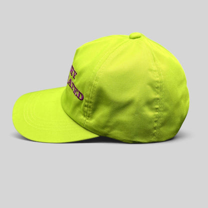 Raree Finds Scooby-Doo Mystery Incorporated lime green snapback hat with purple embroidered lettering, side view.