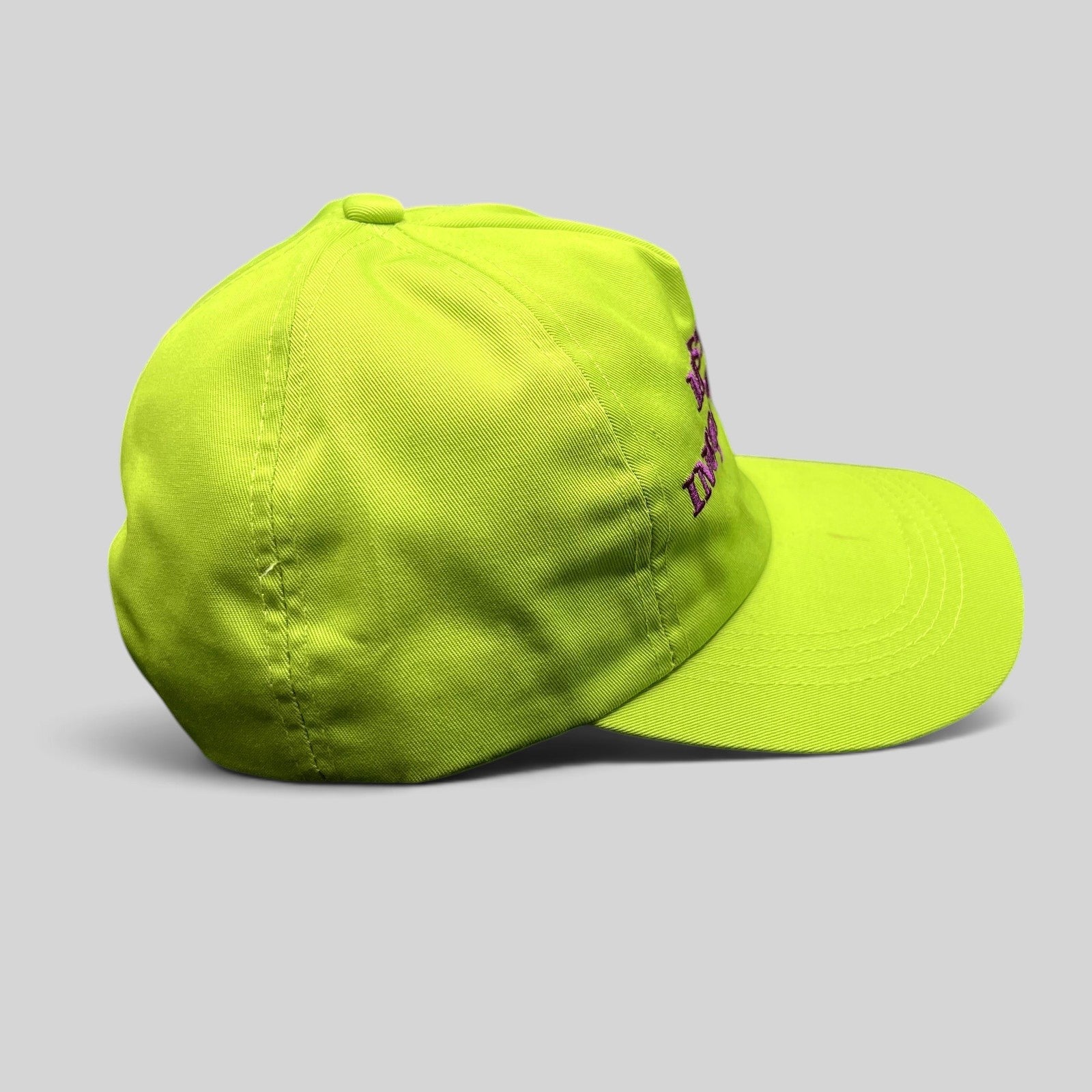 Raree Finds Scooby-Doo Mystery Incorporated snapback hat in lime green with purple embroidered lettering side view