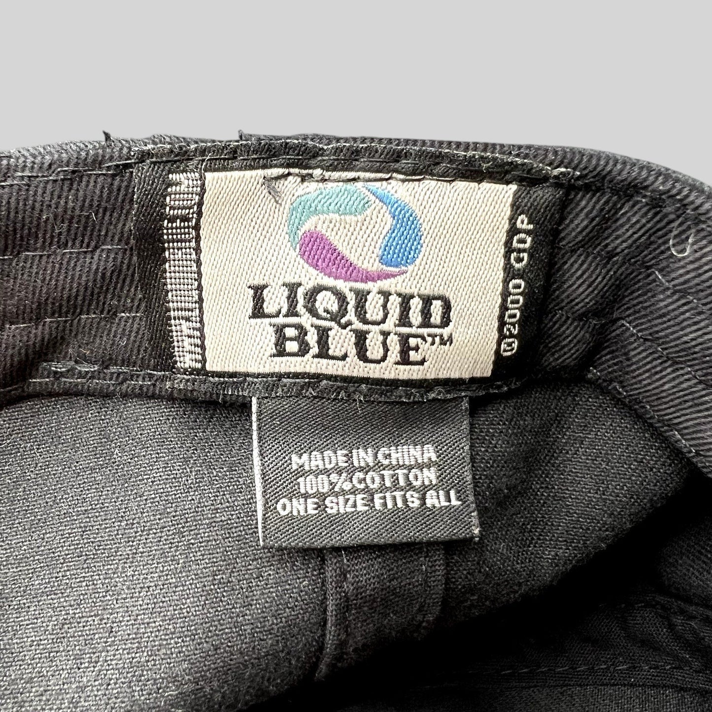 Raree Finds Liquid Blue Grateful Dead hat interior label showing 100% cotton material and one size fits all details