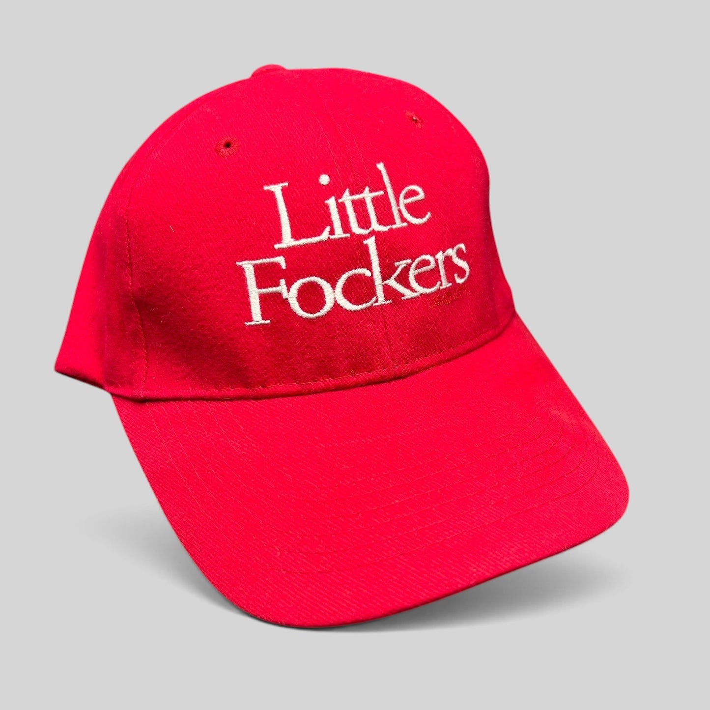 Raree Finds red Little Fockers promotional dad hat with white embroidered text and curved brim