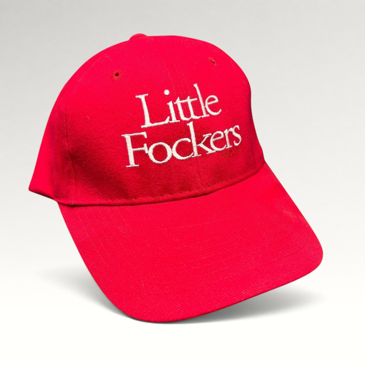 Raree Finds red Little Fockers promotional dad hat with white embroidered text and curved brim