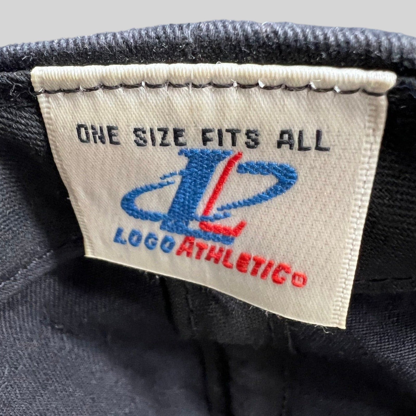 Raree Finds vintage Logo Athletic snapback interior tag with branding and one size fits all text