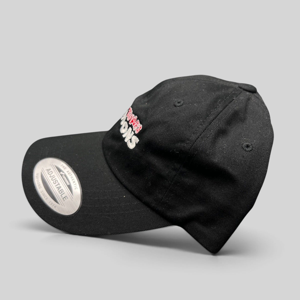 Raree Finds black cotton Looney Tunes Cartoons crew strapback hat with red and white embroidery and brass buckle