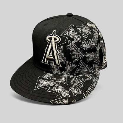 Raree Finds black New Era 59FIFTY Los Angeles Angels fitted hat with silver embroidered logo and all-over side pattern