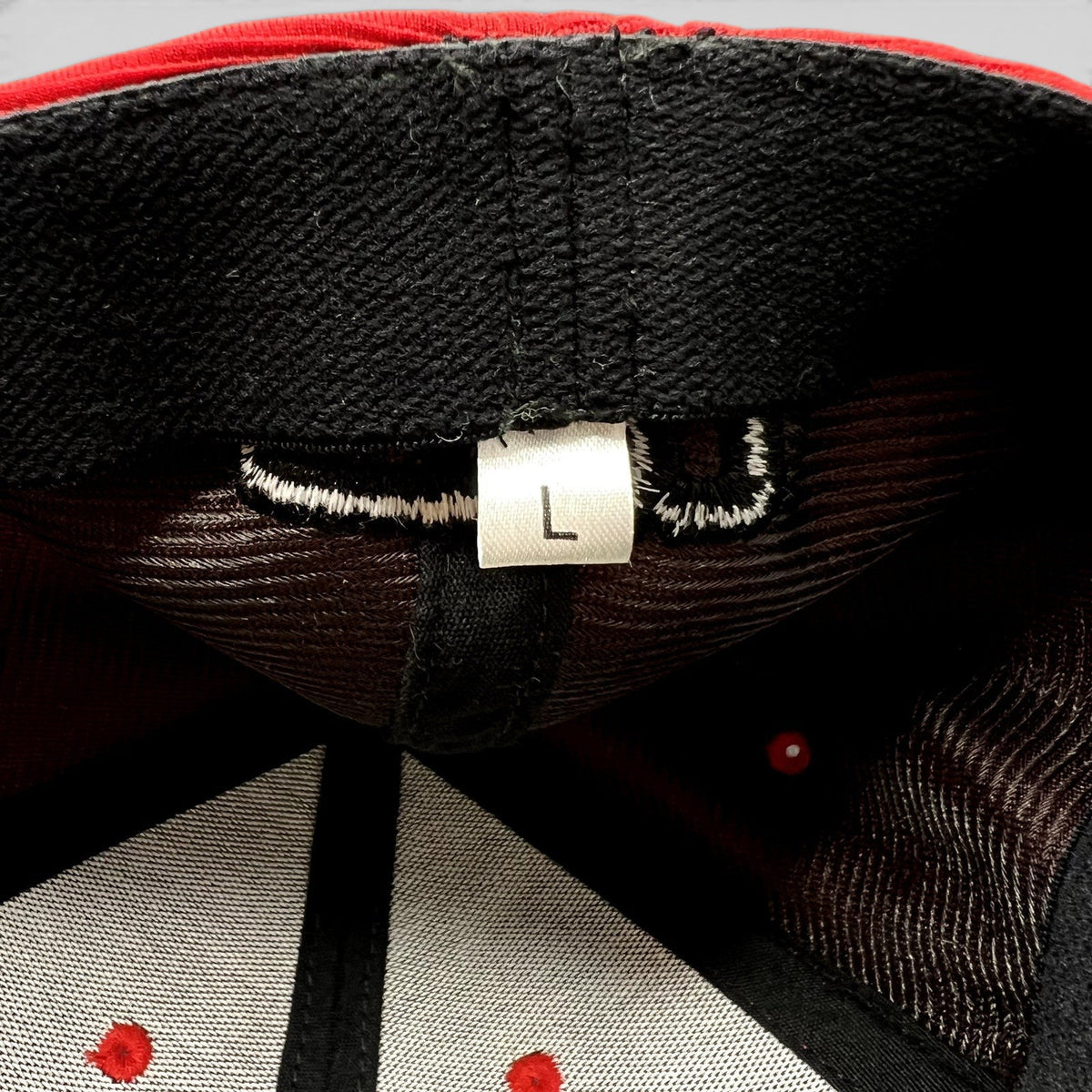 Raree Finds Los Angeles Lashings cricket cap interior showing size L tag and structured six-panel construction