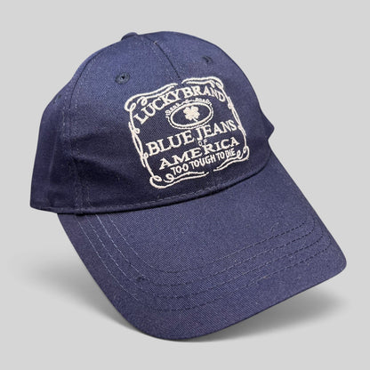 Raree Finds navy cotton twill Lucky Brand snapback hat with white embroidered heritage logo on the front