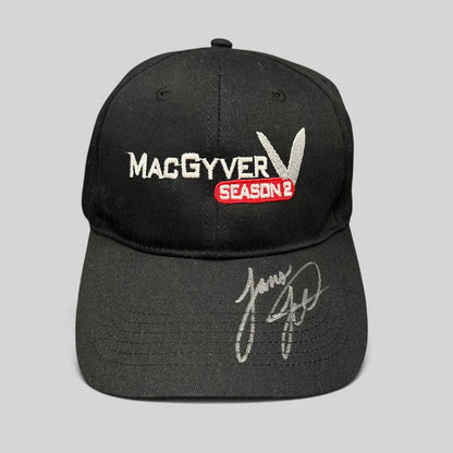 Raree Finds vintage black MacGyver Season 2 promotional strapback hat with embroidered logo and hand-signed brim.