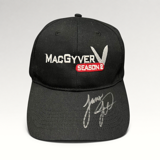 Raree Finds vintage black MacGyver Season 2 promotional strapback hat with embroidered logo and hand-signed brim.