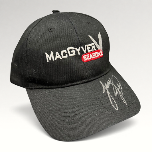 Raree Finds vintage black MacGyver Season 2 promo hat with embroidered logo and hand-signed brim