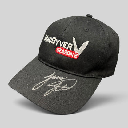 Raree Finds vintage black MacGyver Season 2 promotional strapback hat with embroidered logo and hand-signed brim.