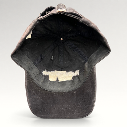 Raree Finds vintage dark brown Mackenzie River Pizza Co strapback hat showing the interior crown and adjustable strap