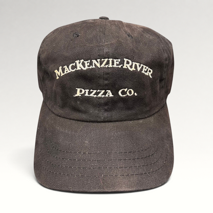Raree Finds vintage dark brown Mackenzie River Pizza Co. strapback hat with white embroidered arched lettering