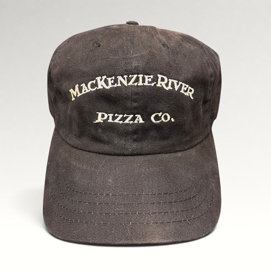 Raree Finds vintage dark brown Mackenzie River Pizza Co. strapback hat with white embroidered arched lettering