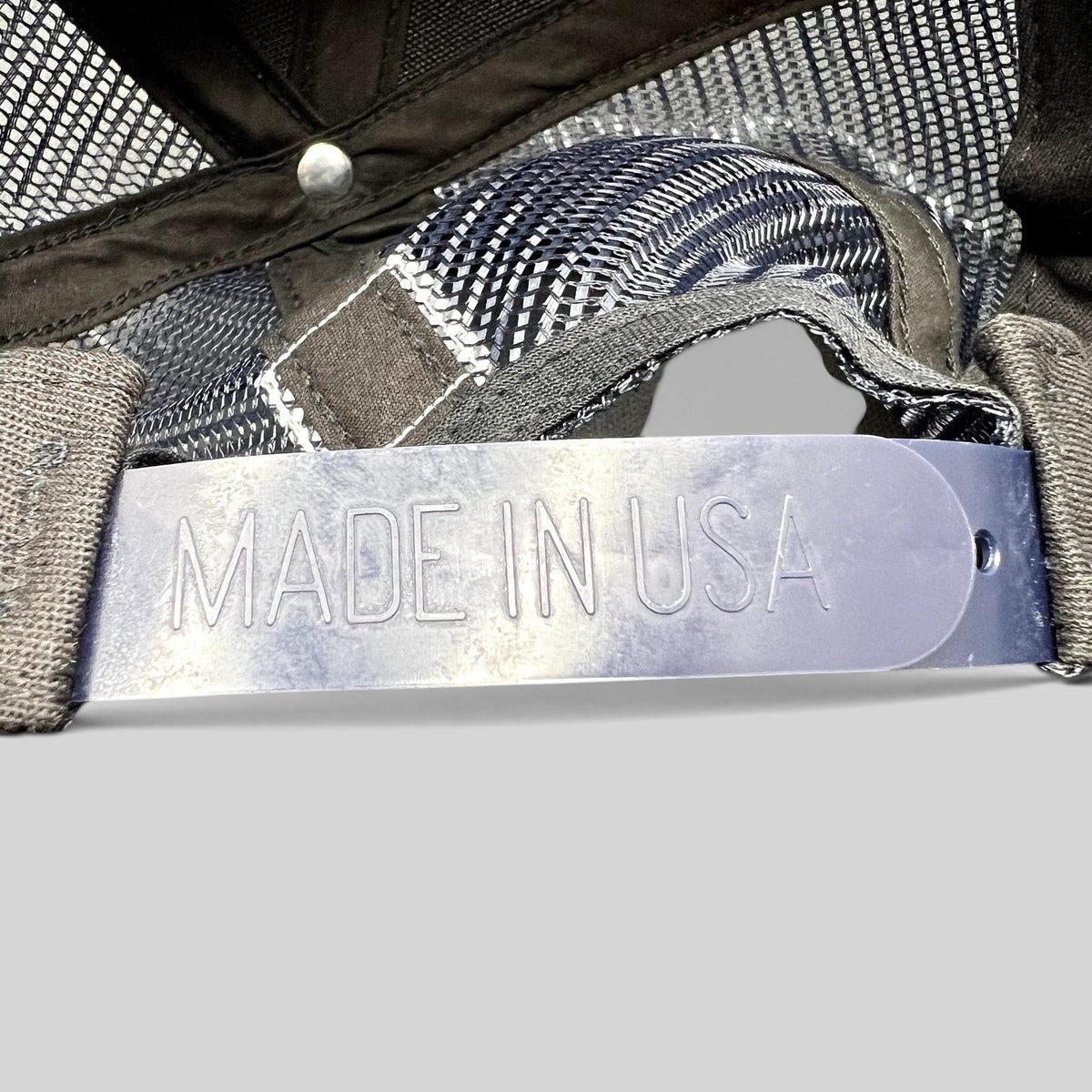 Raree Finds Patriot Awards 2021 trucker hat snapback closure with Made in USA embossed detail on the strap