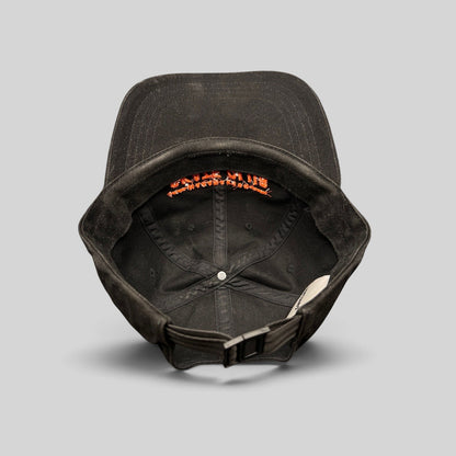 Raree Finds Mahanakhon Skate Club black cotton strapback hat with orange interior embroidery and metal buckle