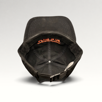 Raree Finds Mahanakhon Skate Club black cotton strapback hat with orange interior embroidery and metal buckle