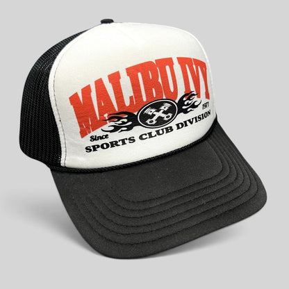 Raree Finds Malibu Ivy Sports Club Division trucker hat with red graphic, black mesh back, and snapback closure.