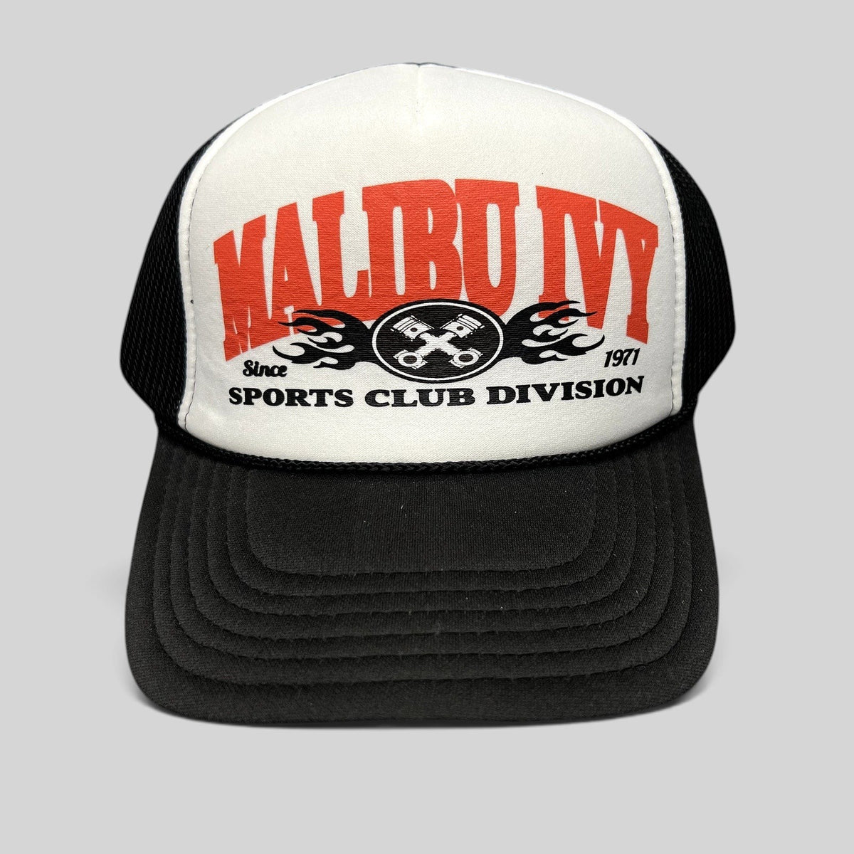 Raree Finds Malibu Ivy Sports Club Division trucker hat with red graphic, crossed pistons, and black mesh back.