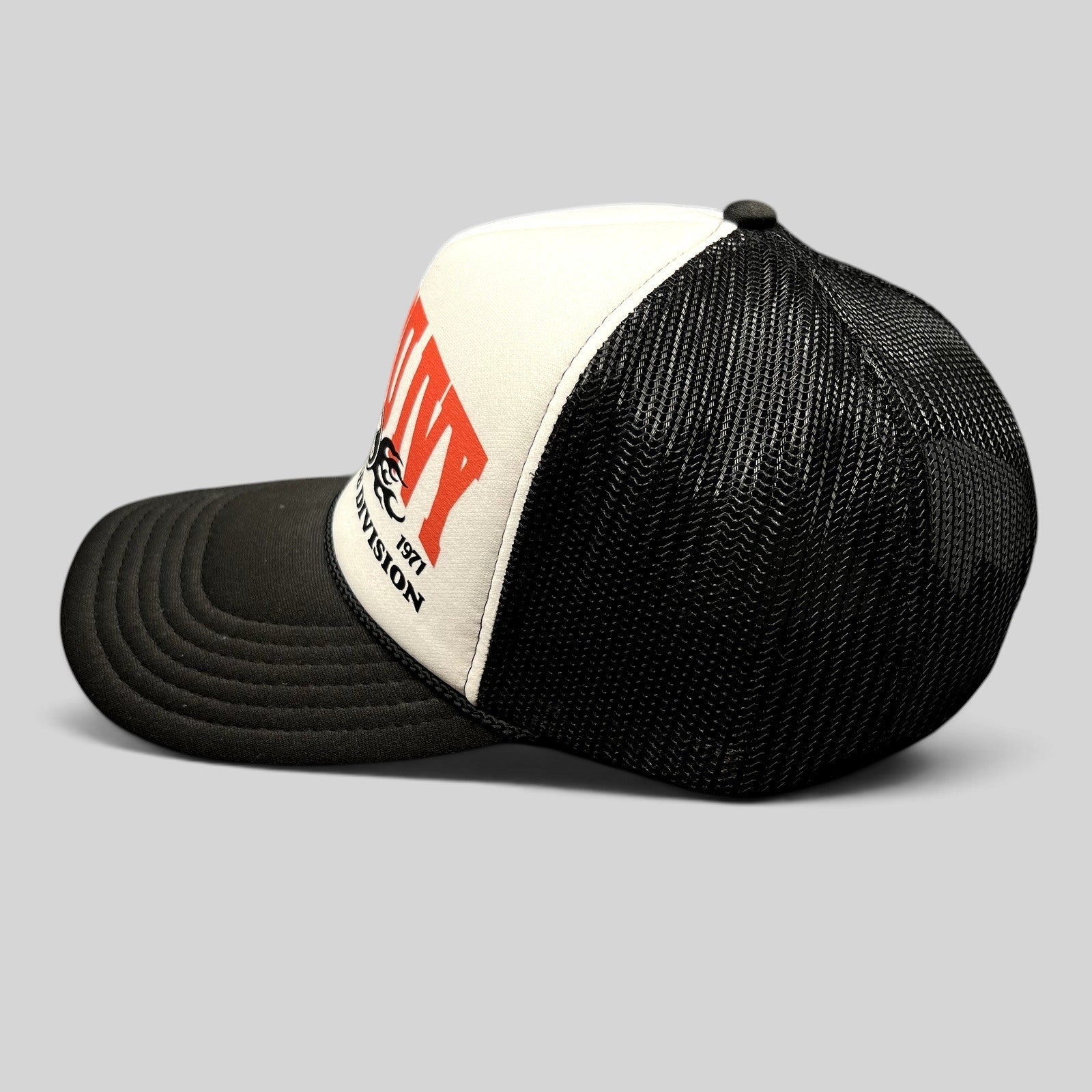 Raree Finds Malibu Ivy Sports Club Division trucker hat with black mesh back, white foam front, and red graphic.