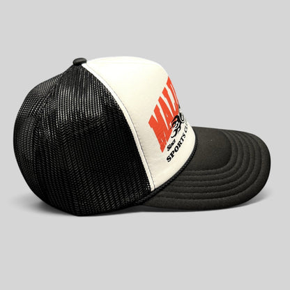 Raree Finds Malibu Ivy Sports Club Division trucker hat with white foam front, black mesh back, and red graphic.