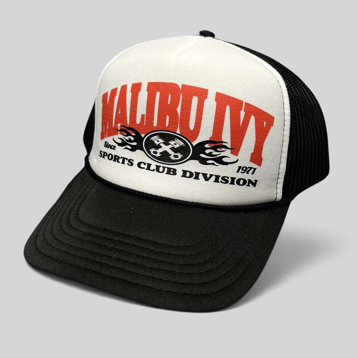 Raree Finds Malibu Ivy Sports Club Division trucker hat with red graphic, black mesh back, and snapback closure.