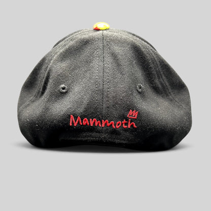Raree Finds black Mammoth Mountain snapback hat with red embroidered logo on the back and a colorful top button
