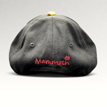 Raree Finds black snapback hat featuring a red embroidered Mammoth Mountain logo on the back and a colorful top button