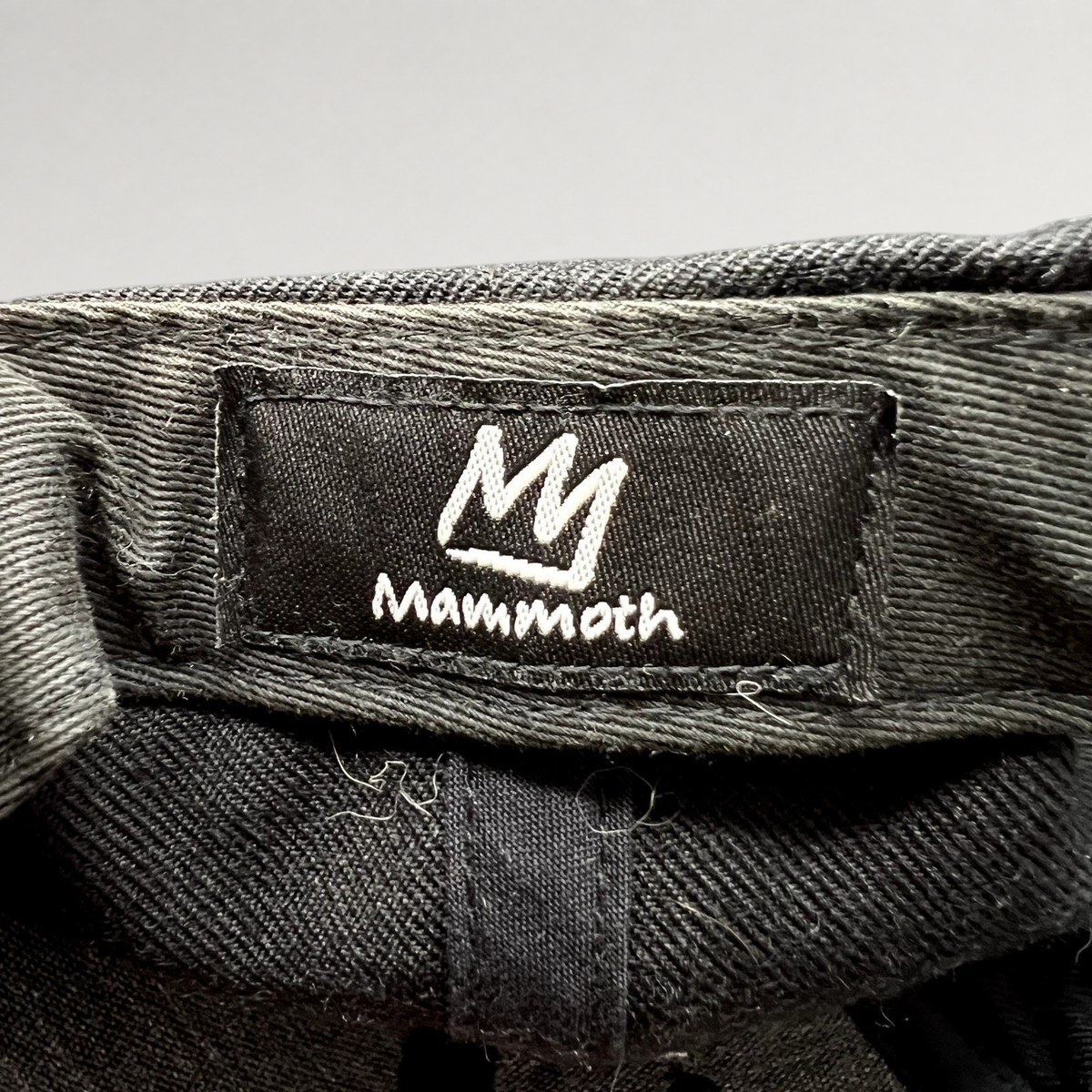 Raree Finds Mammoth Mountain cap interior label with white embroidered logo on black fabric