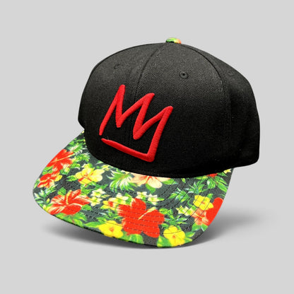 Raree Finds Mammoth Mountain snapback hat with a black crown, red embroidered logo, and tropical floral flat brim.