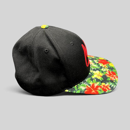 Raree Finds black Mammoth Mountain snapback hat with a vibrant tropical floral print flat brim and red logo.