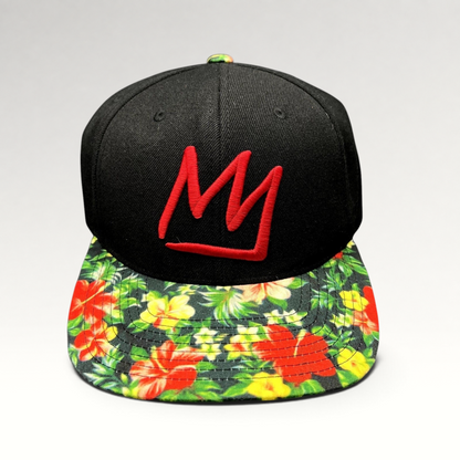 Raree Finds Mammoth Mountain snapback hat with a black crown, red embroidered logo, and tropical floral flat brim.