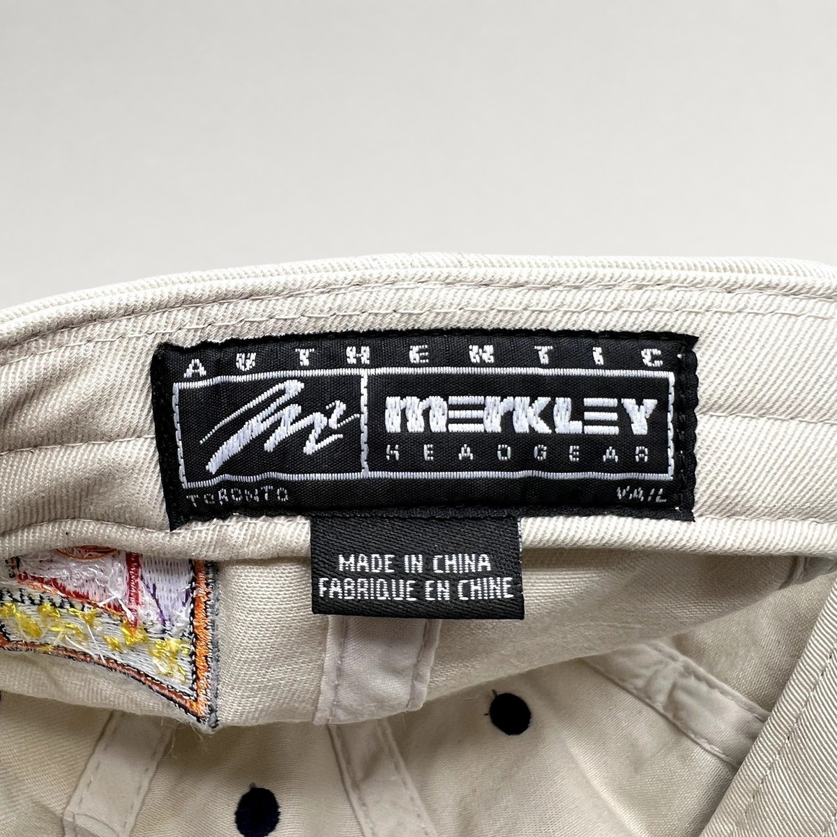 Raree Finds vintage Markley Headgear cotton hat interior label showing authentic branding and made in China tag