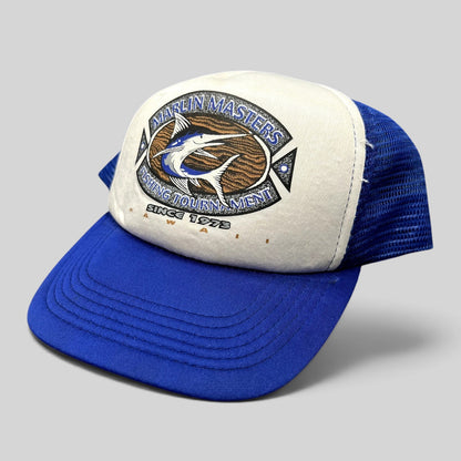 Raree Finds vintage Marlin Masters Hawaii fishing tournament snapback trucker hat with blue mesh and white foam front.