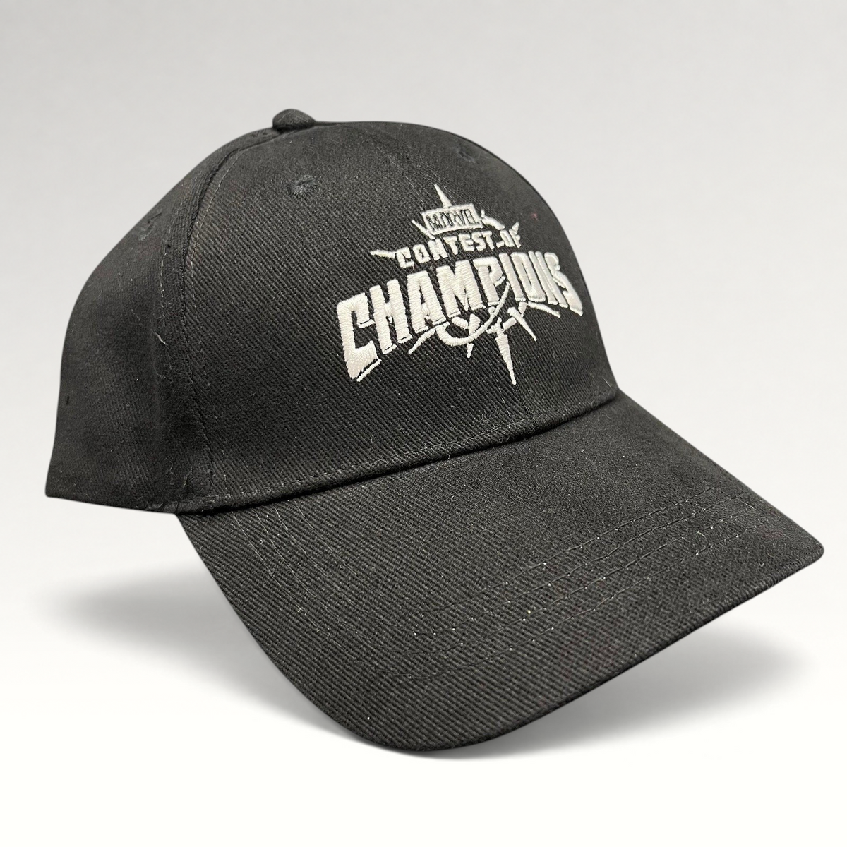 Raree Finds black Marvel Contest of Champions gaming snapback hat with white embroidered logo and green undervisor