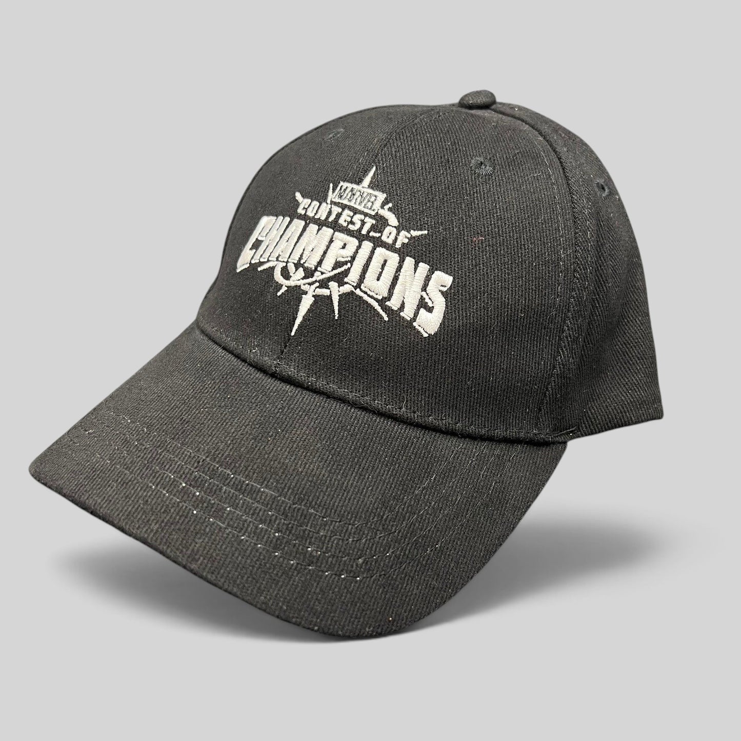 Raree Finds black Marvel Contest of Champions snapback hat with white embroidered logo and neon green undervisor